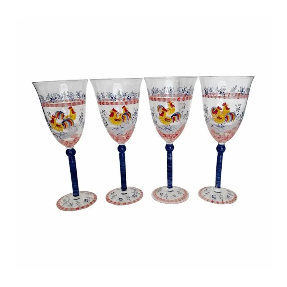 Hand Painted Rooster Glass Pitcher and 4 Glasses Set Cottage Farm Core